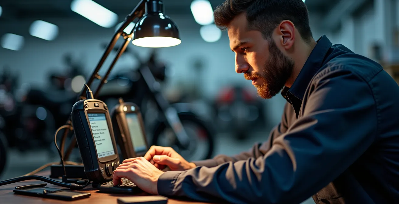 Meccanico che lavora su centralina elettronica moto con strumenti diagnostici