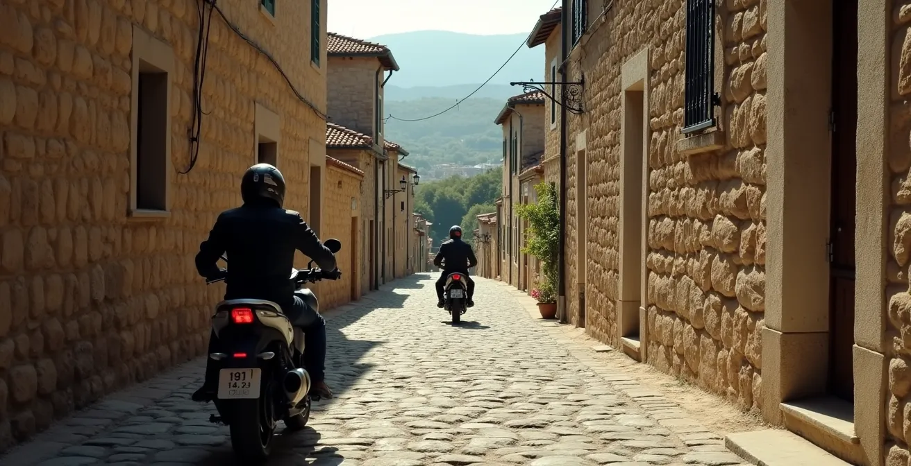 Borgo medievale abbandonato con moto parcheggiata su antica strada acciottolata