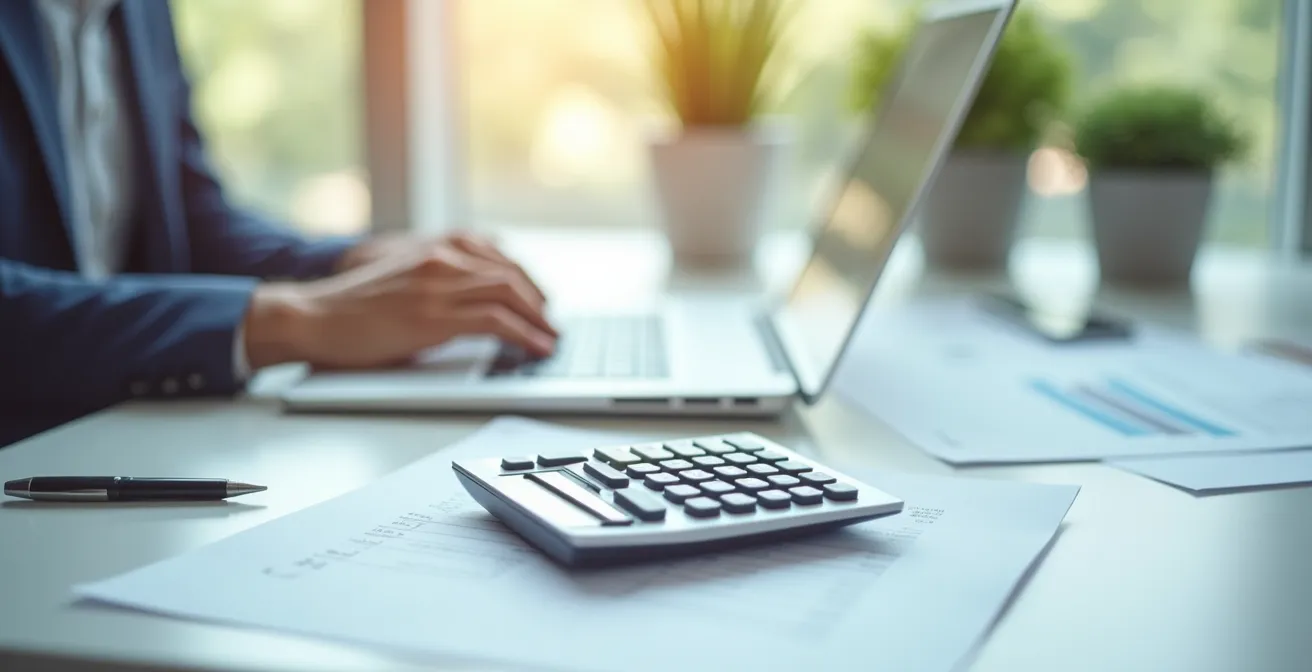 Composizione minimalista con calcolatrice e documenti finanziari sfocati su scrivania