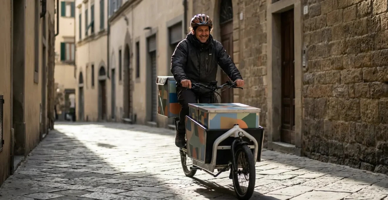 Cargo bike attraversa vicolo stretto del centro storico durante consegne