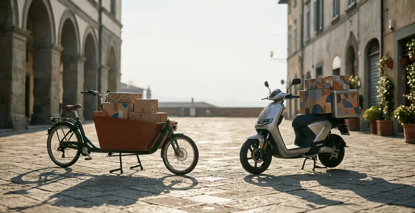 Confronto visivo tra cargo bike elettrica e scooter cargo in un contesto urbano di consegne