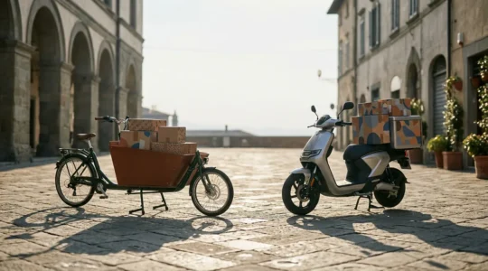 Confronto visivo tra cargo bike elettrica e scooter cargo in un contesto urbano di consegne