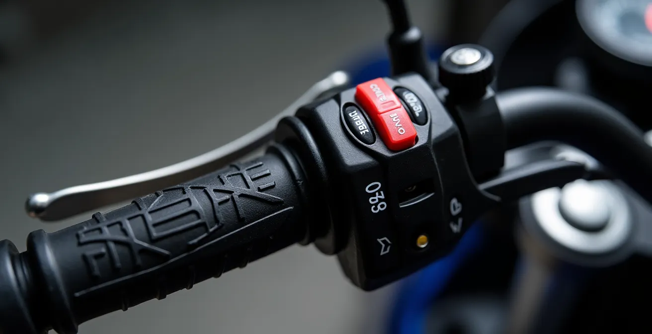 Dettaglio macro della manopola acceleratore e display con selezione modalità di guida