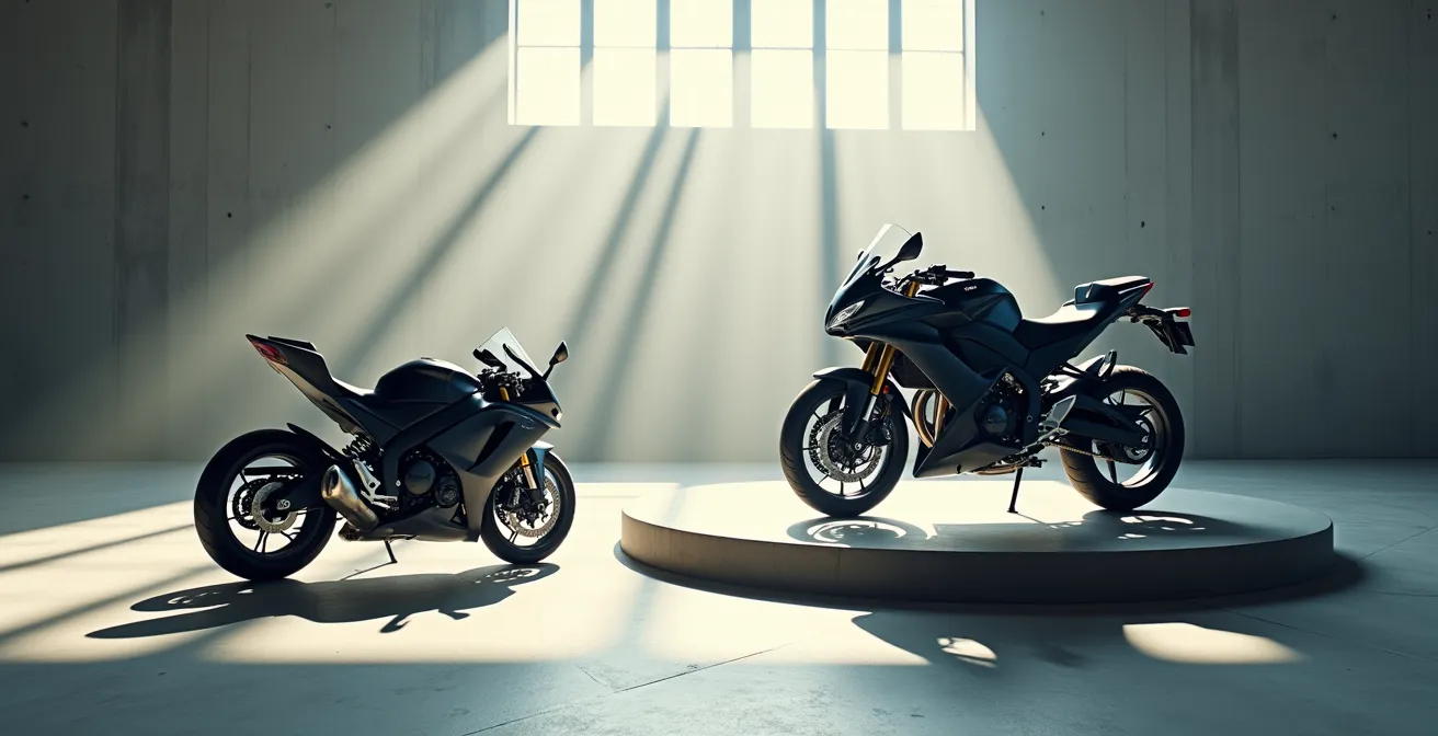 Confronto visivo tra moto sportiva e moto turistica con rappresentazione simbolica dei costi assicurativi