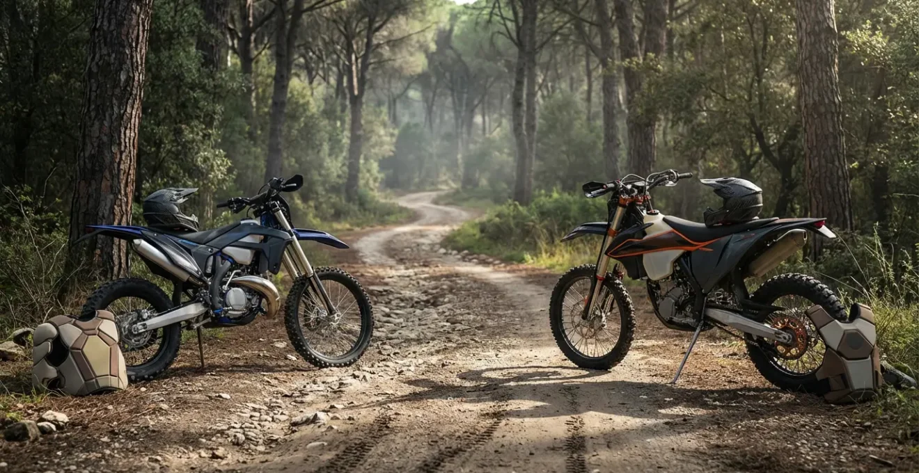 Confronto tra moto enduro 2 tempi e 4 tempi su sentiero nel bosco