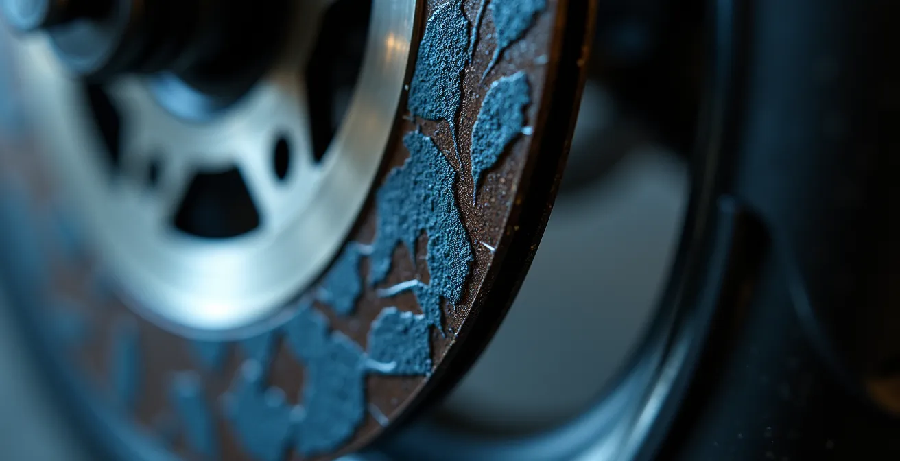Primo piano di un disco freno moto con segni di usura visibili