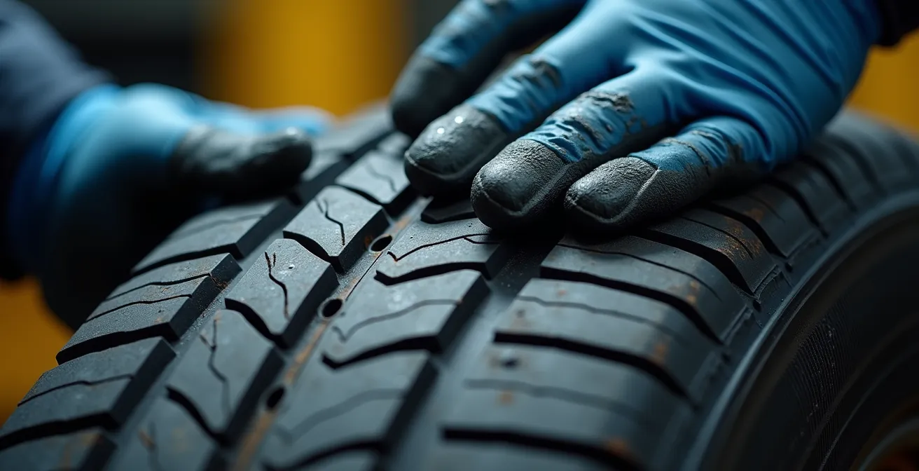 Dettaglio ravvicinato di un meccanico che controlla il codice DOT su pneumatico moto