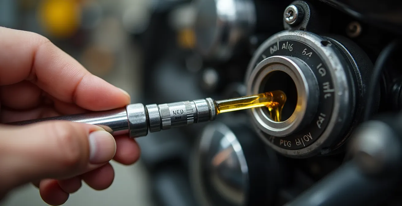 Mano che estrae l'astina dell'olio con livello visibile tra minimo e massimo