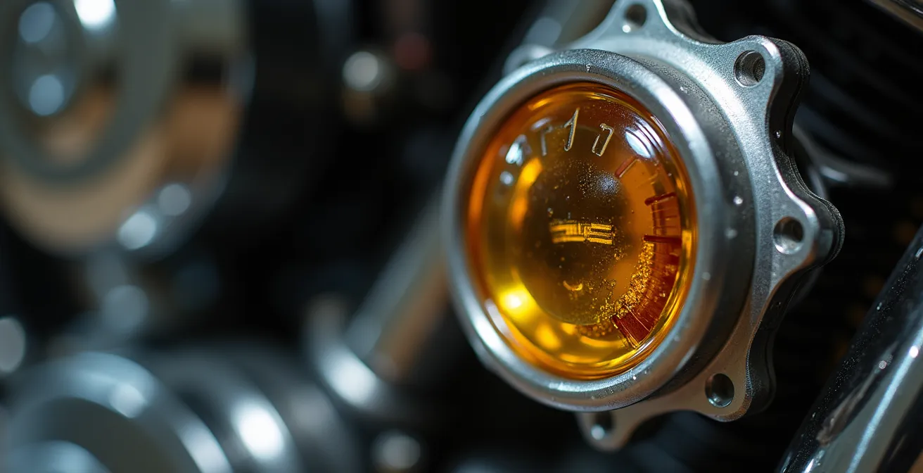 Vista ravvicinata dell'oblò di controllo olio con livello visibile tra minimo e massimo