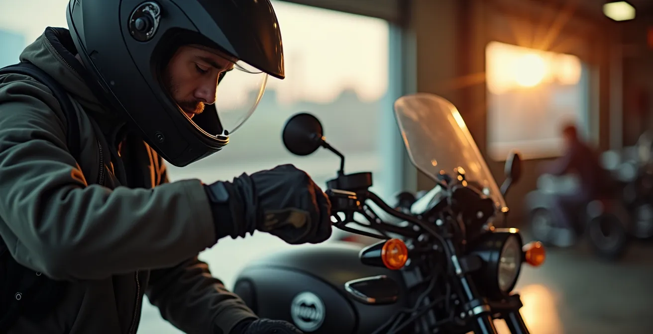 Motociclista che esegue controlli pre-partenza su una moto tourer