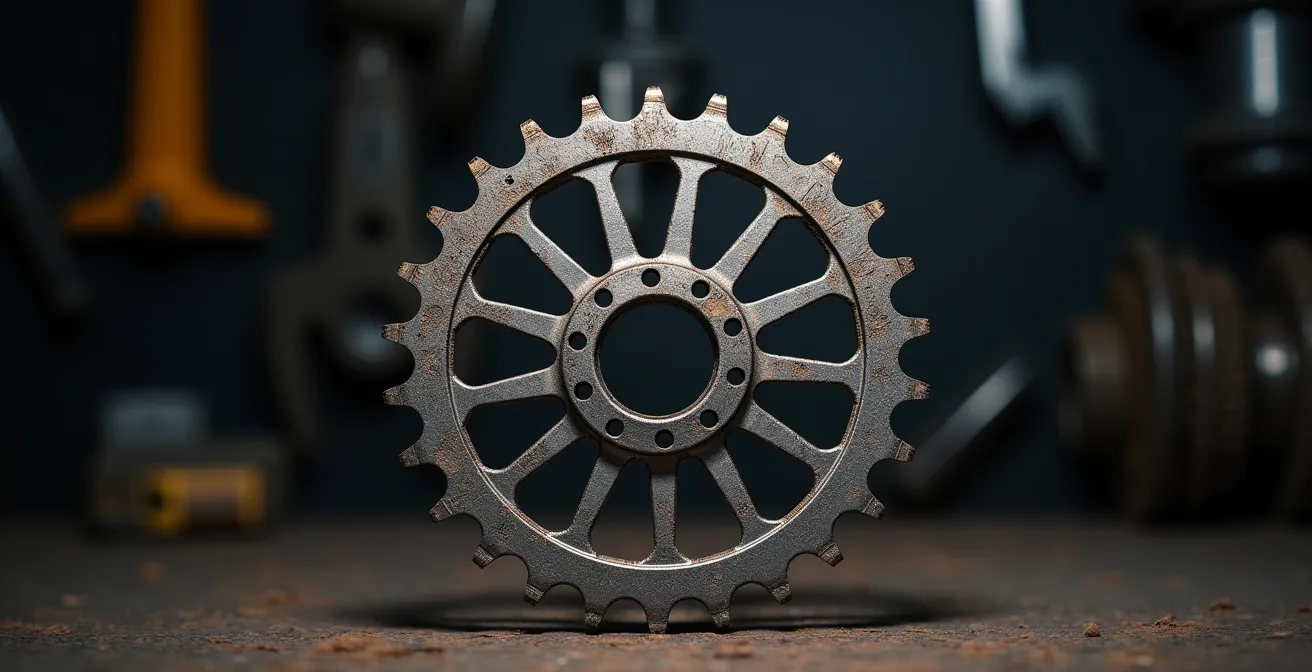 Vista ravvicinata di una corona moto con denti usurati a forma di squalo