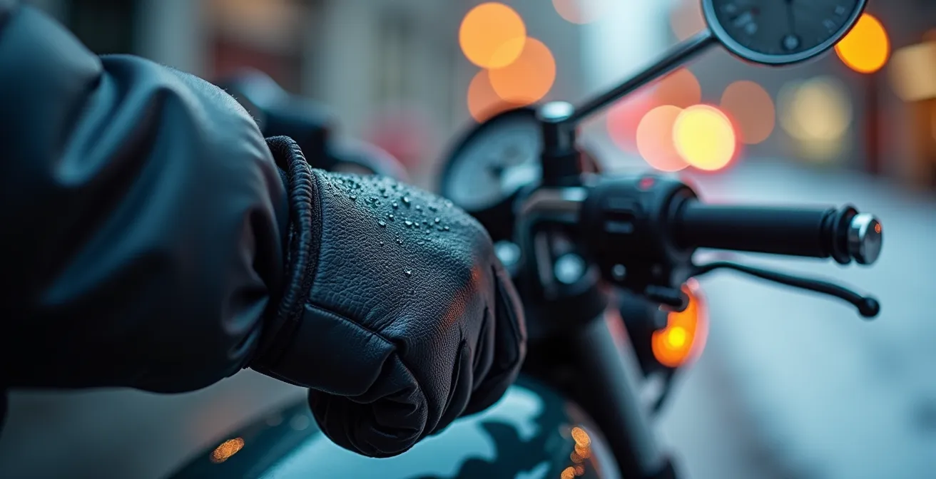 Primo piano mani con guanti tecnici su manopole riscaldate della moto in inverno