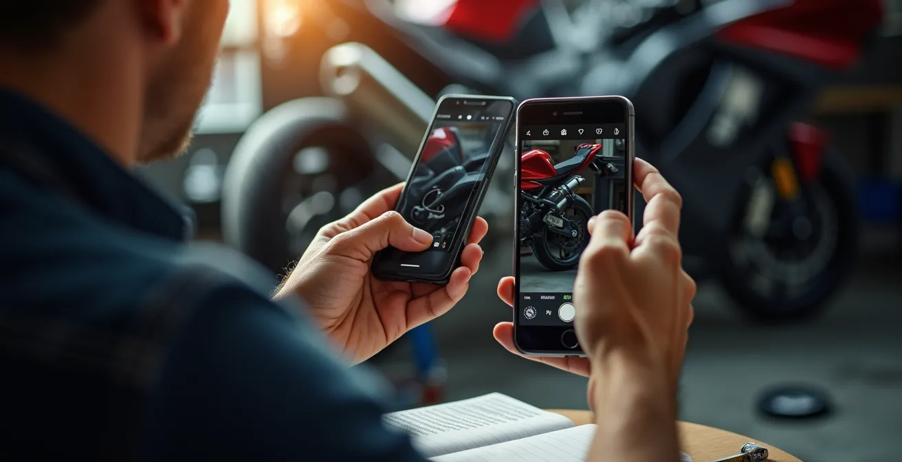 Setup professionale per documentazione fotografica degli accessori moto di valore