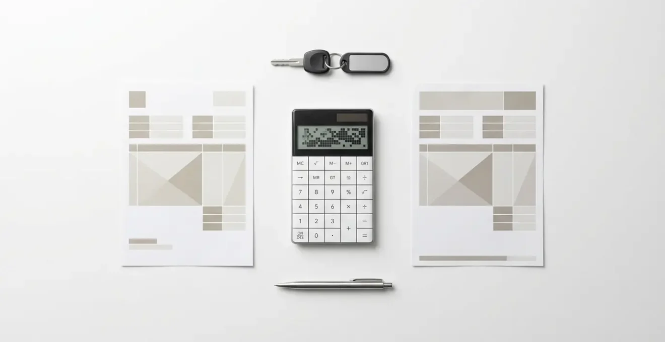 Calcolatrice e documenti fiscali su scrivania con chiavi di scooter