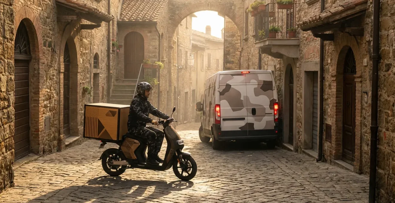 Rider con scooter elettrico cargo naviga tra i vicoli stretti di un centro storico italiano