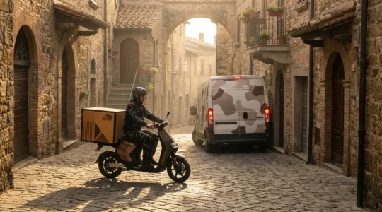 Rider con scooter elettrico cargo naviga tra i vicoli stretti di un centro storico italiano