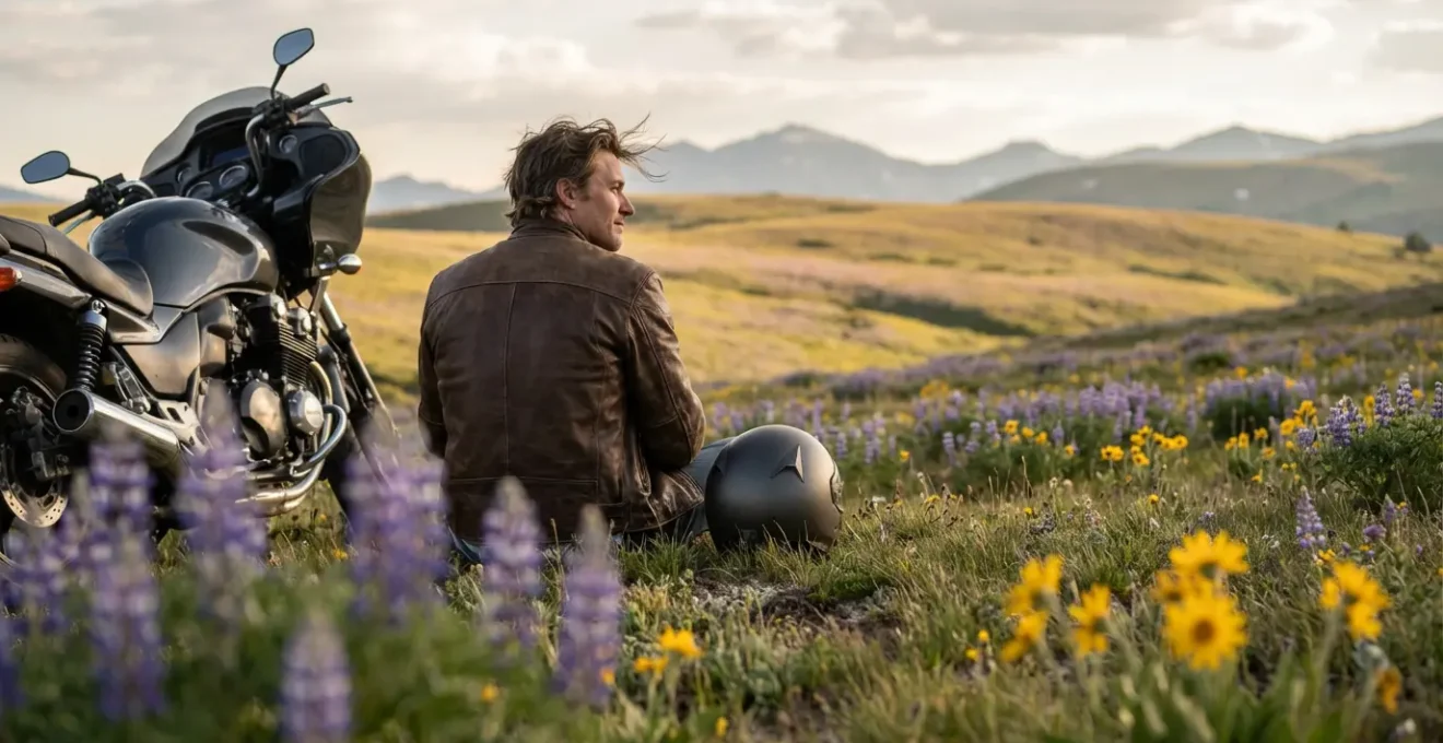Vista panoramica di una moto ferma tra i campi fioriti con montagne sullo sfondo