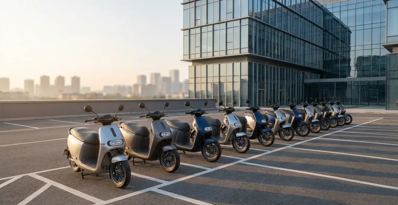 Flotta di dieci scooter aziendali parcheggiati in fila davanti a un moderno edificio per uffici