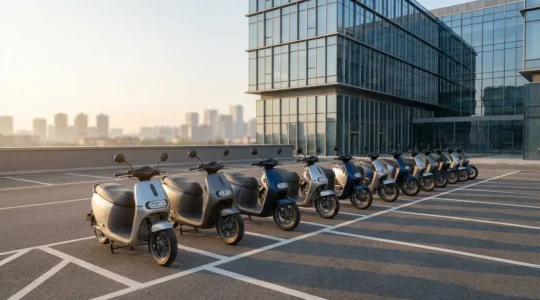 Flotta di dieci scooter aziendali parcheggiati in fila davanti a un moderno edificio per uffici