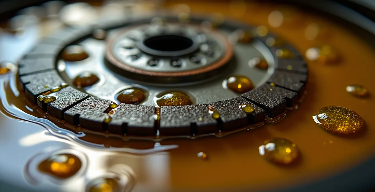 Vista macro dei dischi frizione immersi nell'olio motore dorato