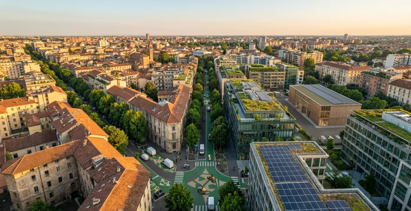 Vista aerea di un centro urbano moderno con zone verdi e veicoli elettrici per la consegna delle merci