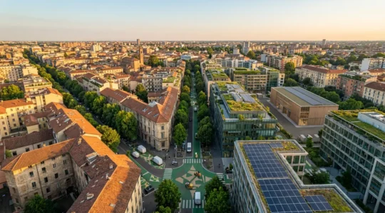 Vista aerea di un centro urbano moderno con zone verdi e veicoli elettrici per la consegna delle merci