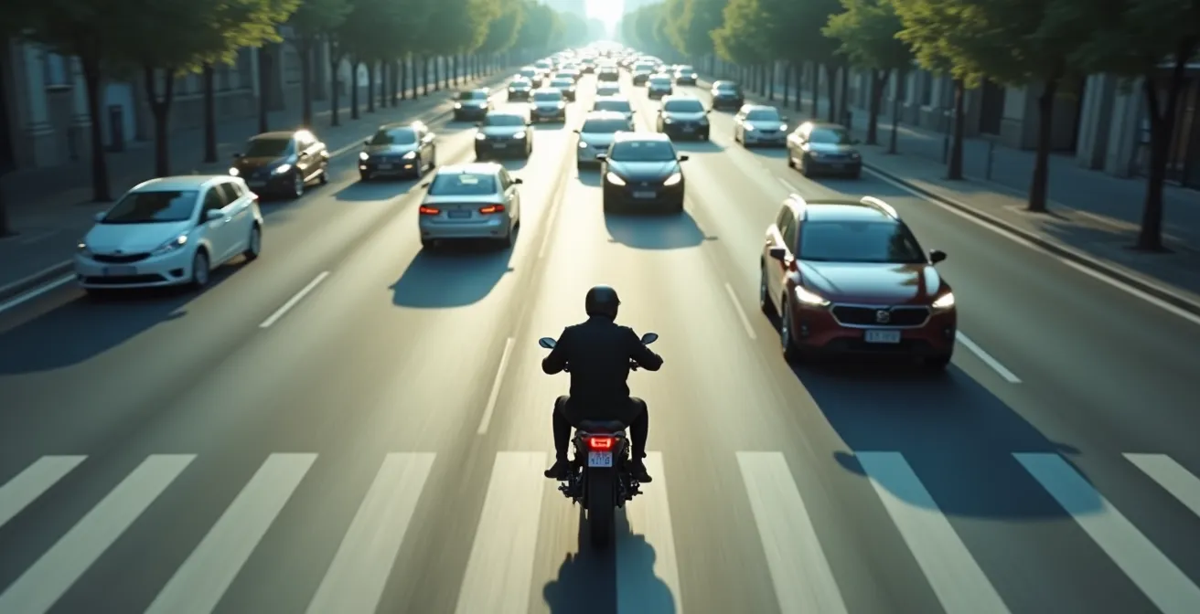 Vista dall'alto di un motociclista che mantiene distanza di sicurezza nel traffico urbano