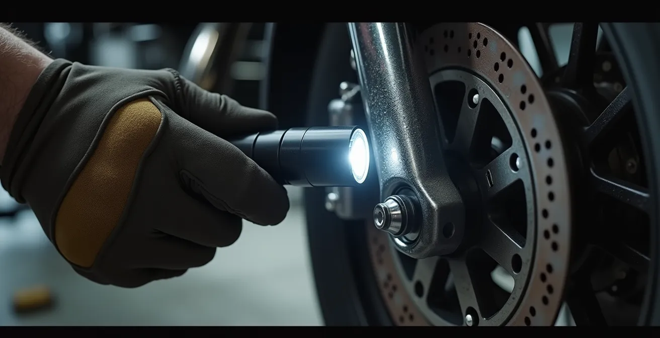 Mano con torcia che illumina le pastiglie freno attraverso la pinza per verificarne lo spessore