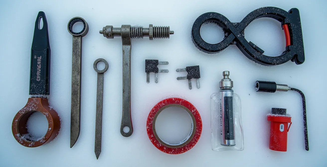 Kit di riparazione per moto disposto su superficie innevata con attrezzi specifici per il freddo