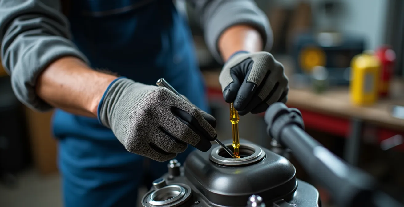 Meccanico controlla livello olio motore scooter per delivery