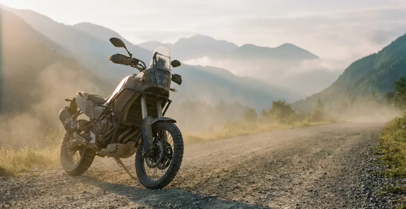 Maxi-enduro modificata per il fuoristrada con barre paramotore e gomme tassellate su sterrato polveroso