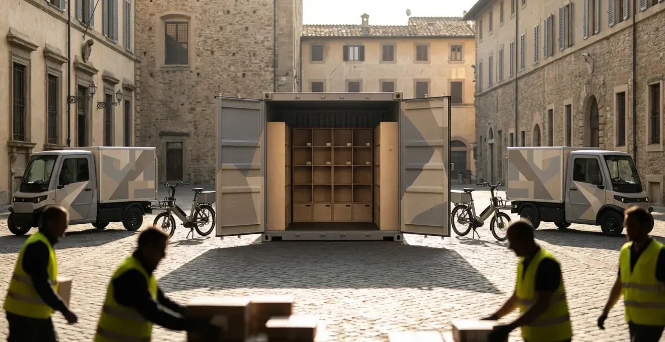 Container modulare di smistamento in un cortile urbano con cargo bike elettriche