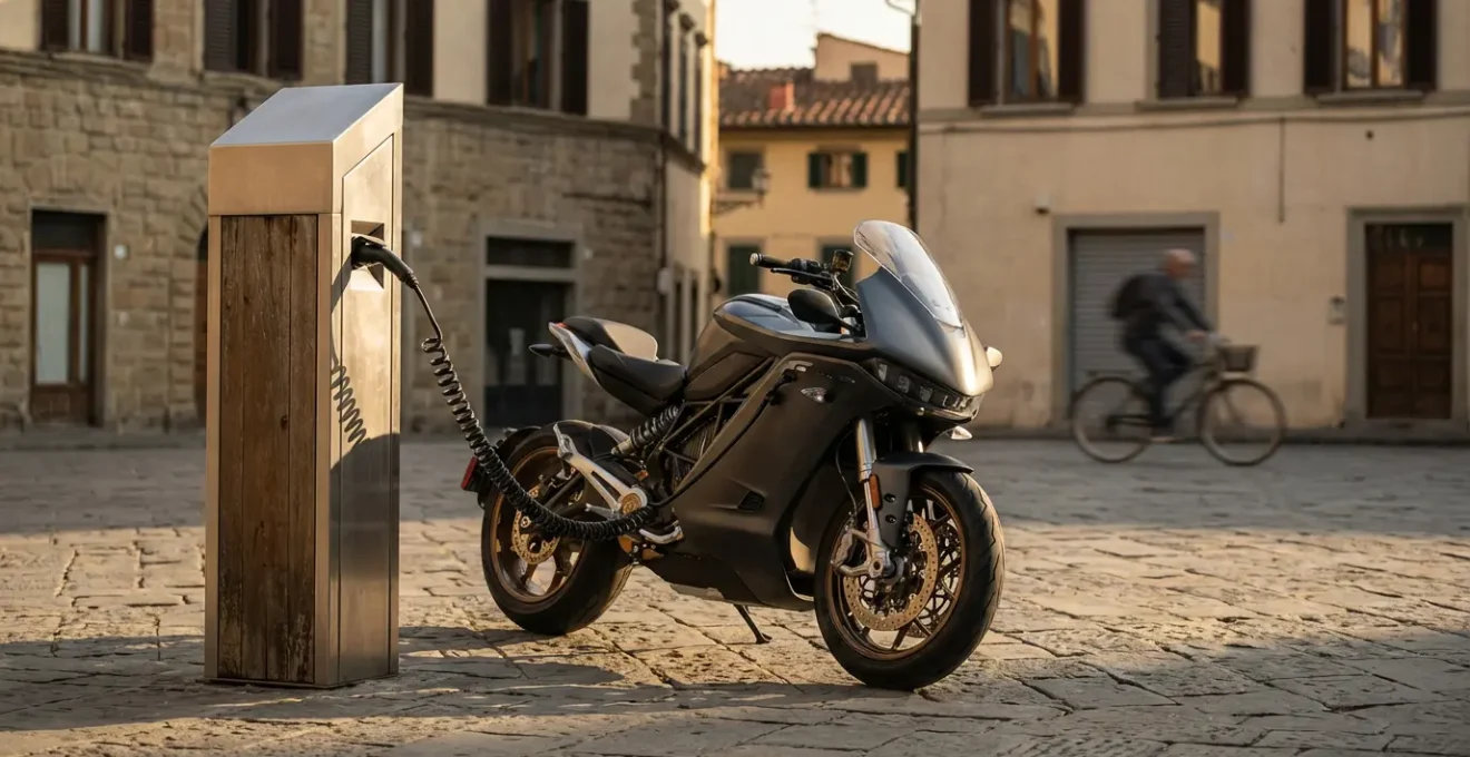 Motociclista con moto elettrica moderna presso colonnina di ricarica in centro città italiano