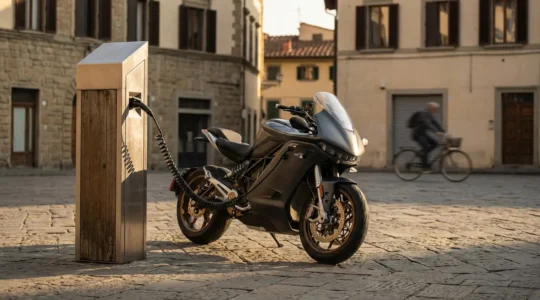 Motociclista con moto elettrica moderna presso colonnina di ricarica in centro città italiano