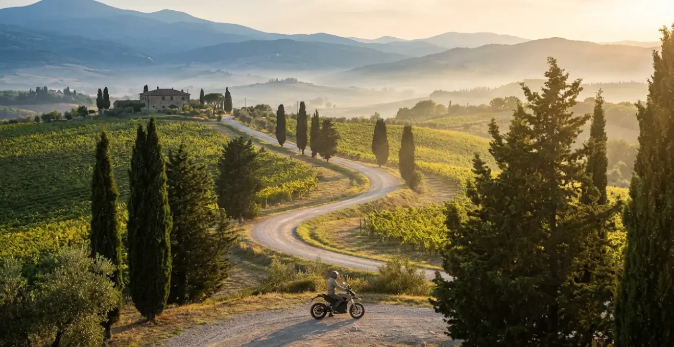 Moto elettrica su strada panoramica tra colline verdi italiane in giornata soleggiata
