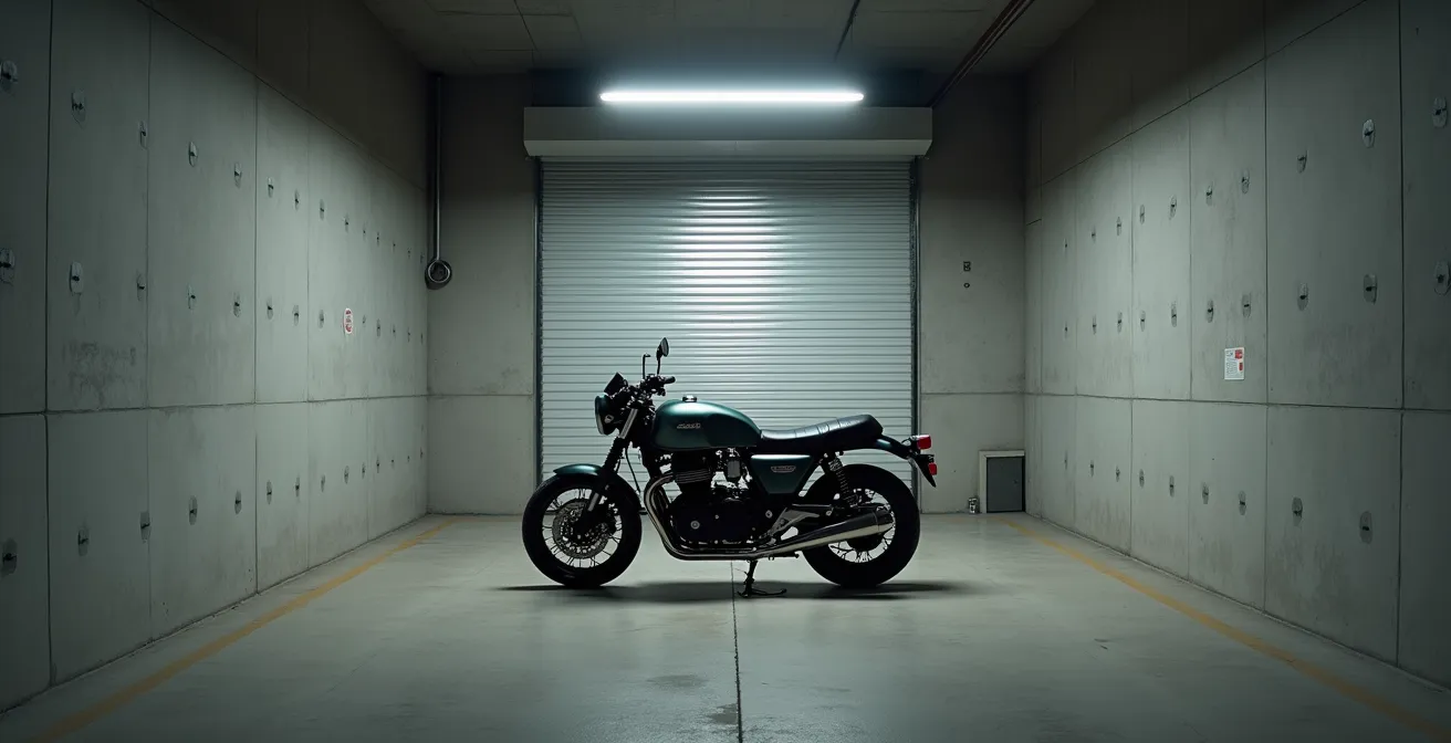 Moto parcheggiata in garage privato con porta chiusa