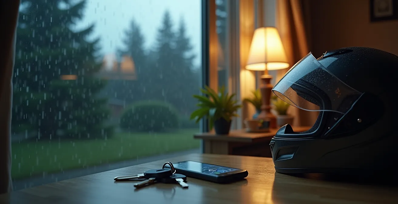 Pendolare osserva dalla finestra le condizioni meteo avverse prima di decidere il mezzo di trasporto