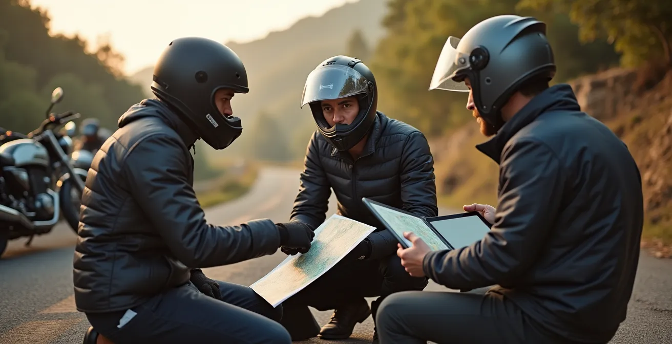 Gruppo di motociclisti che studia il percorso su una mappa prima della partenza