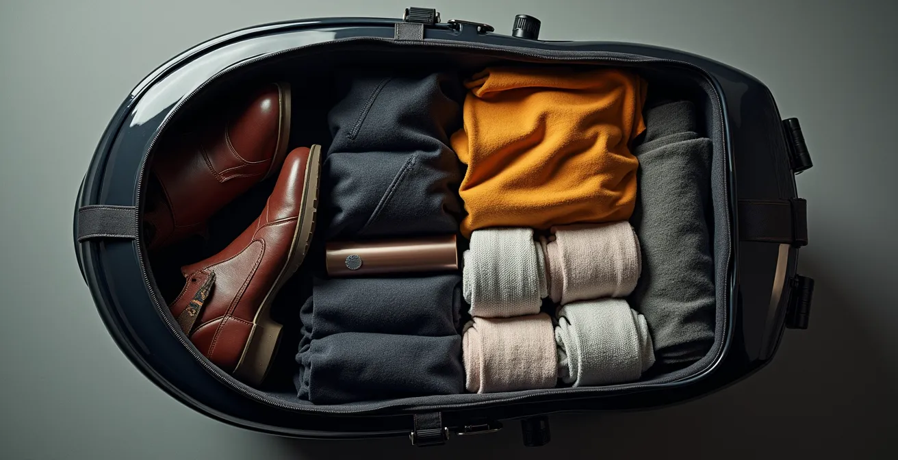 Vista dall'alto di una valigia laterale sagomata con disposizione ottimizzata degli oggetti