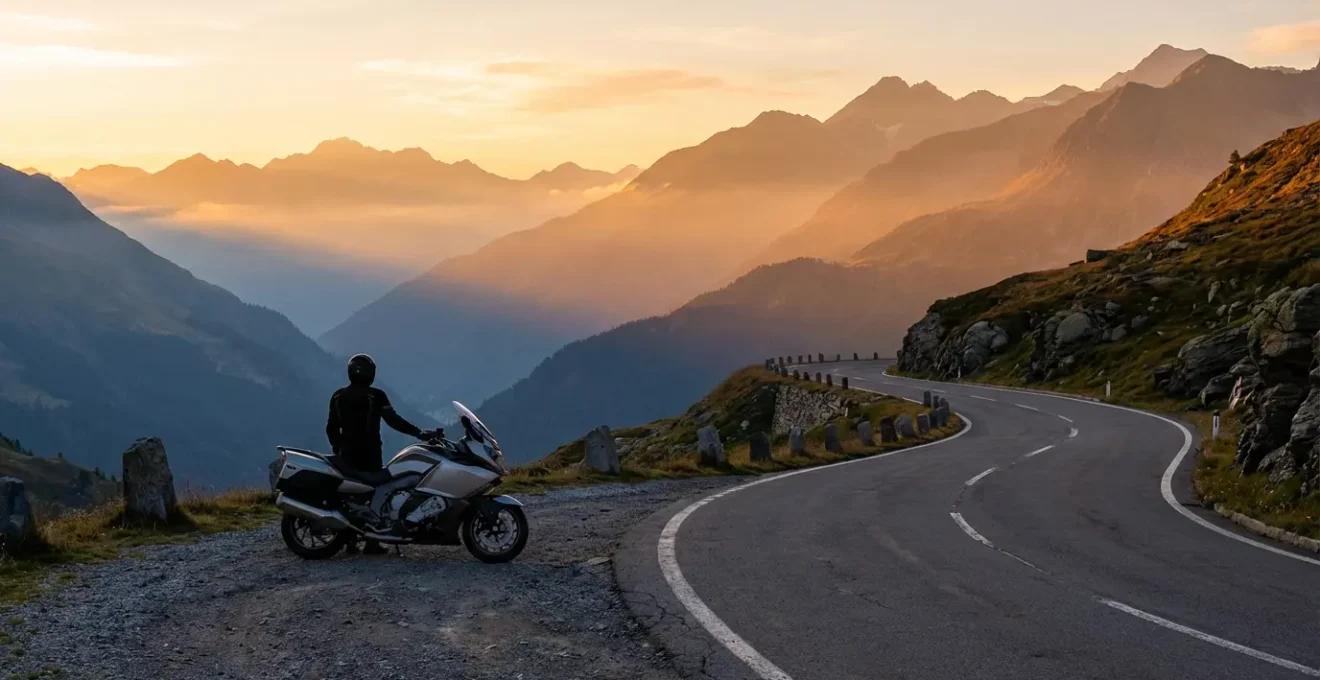 Motociclista fotografa all'alba su un passo di montagna italiano con vista panoramica sulle Dolomiti
