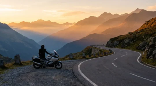 Motociclista fotografa all'alba su un passo di montagna italiano con vista panoramica sulle Dolomiti