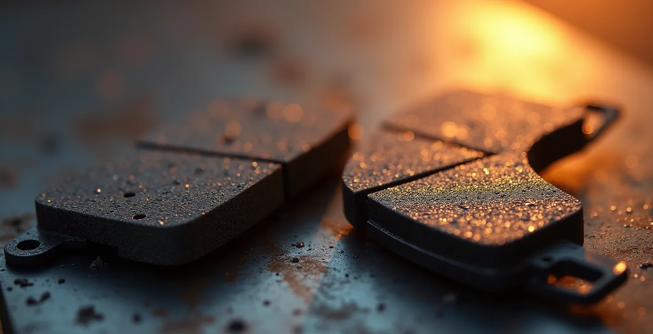 Dettaglio microscopico della superficie di una pastiglia freno durante il processo di rodaggio