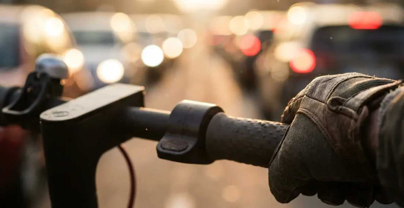 Pendolare su scooter elettrico che supera auto ferme nel traffico mattutino