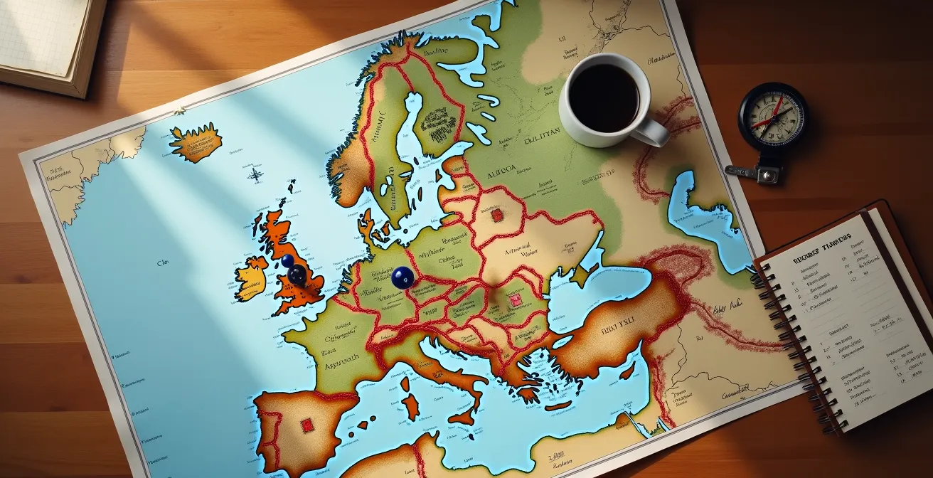 Mappa dell'Europa con percorso moto segnato e punti di sosta evidenziati