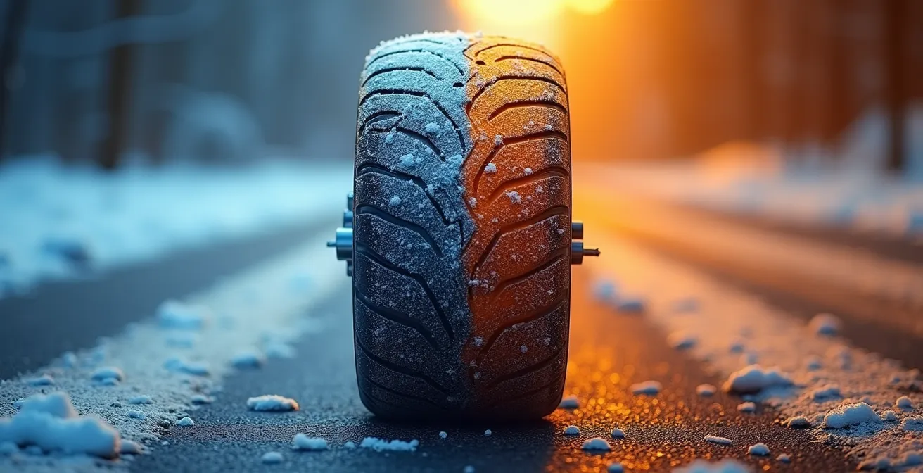 Sezione di pneumatico moto con visualizzazione del gradiente termico invernale