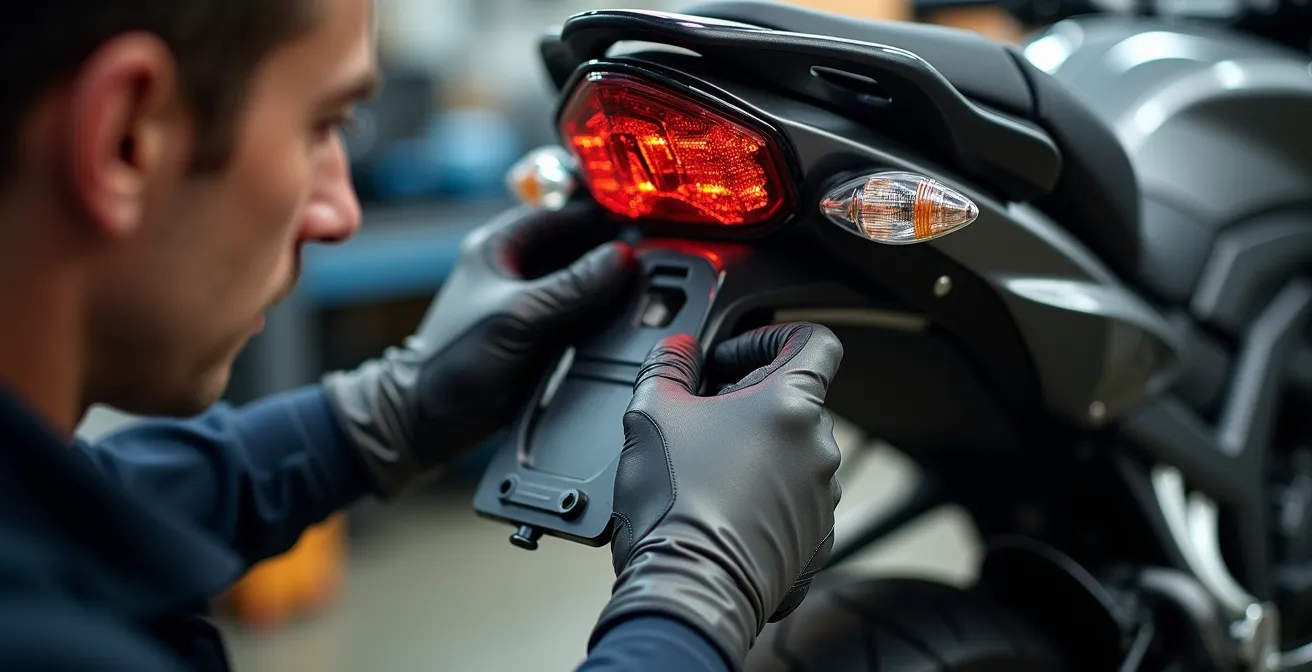 Vista posteriore di una moto con portatarga all'angolazione corretta per la revisione