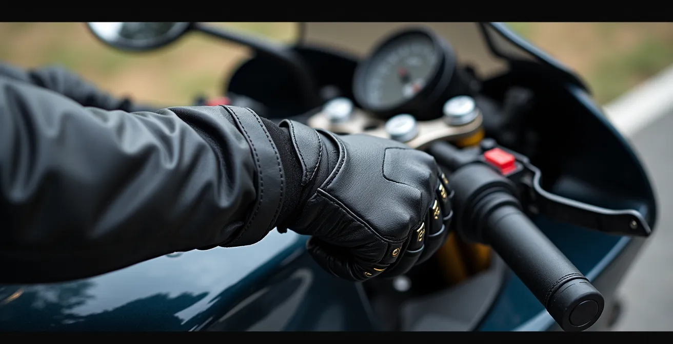 Vista macro ravvicinata delle mani del pilota sui semimanubri con polsi allineati correttamente