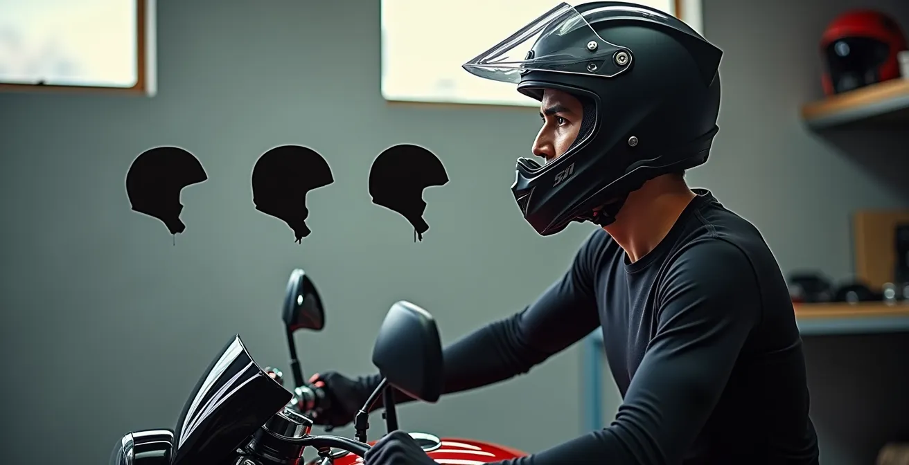 Profilo di un motociclista che mostra il corretto allineamento tra casco e collo per un comfort ottimale, con diverse forme di casco sovrapposte in trasparenza.