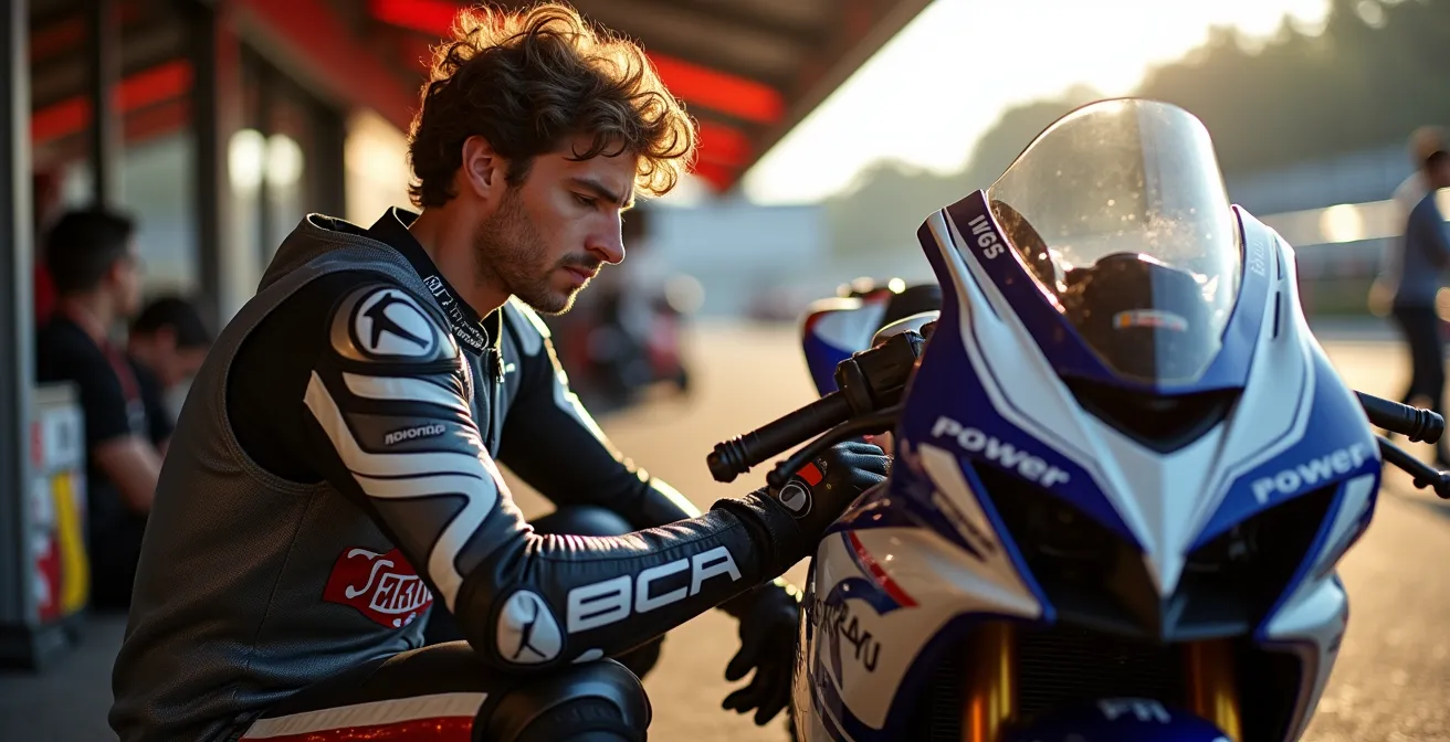 Moto supersportiva nel paddock con attrezzi e equipaggiamento preparati per il track day