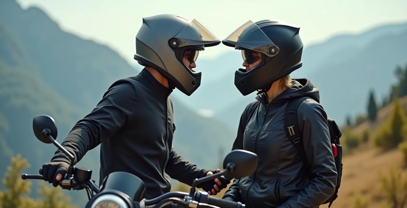 Due persone su moto con equipaggiamento protettivo attraversano paesaggio italiano